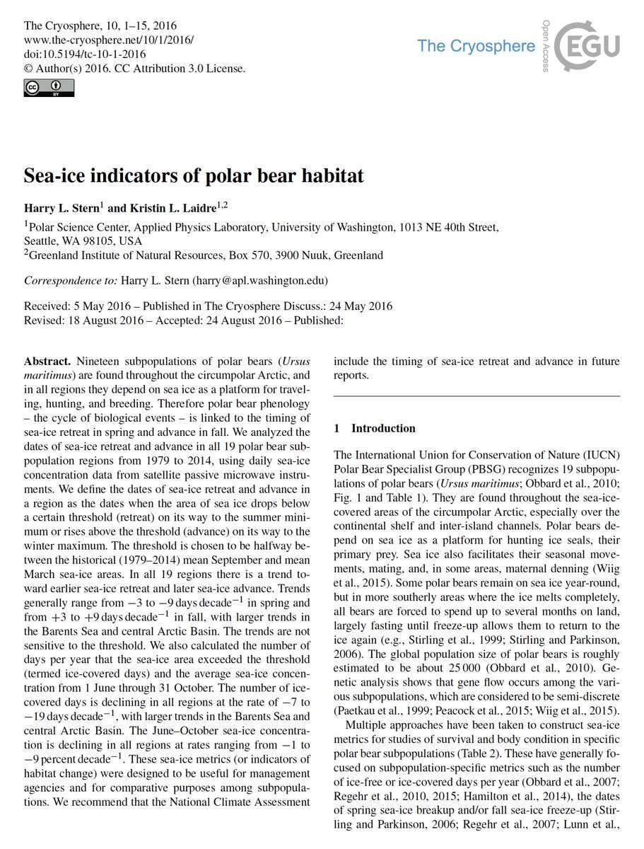 AEDerocher's tweet photo. Saw a polar bear-climate change denier Tweet above average sea ice in Svalbard as if it's good news but  issue is that the decline started before 1991 &amp; spring ice melt is >15 days earlier/decade &amp; freeze-up >15 days later/decade. Habitat loss from climate change is the threat. https://t.co/ljjCimMOX6