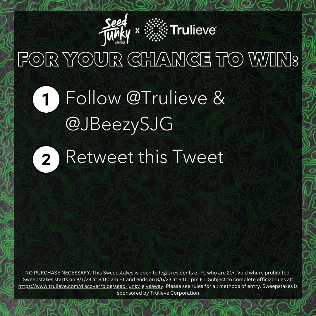 🎉💨The celebration Seed Junky x Trulieve celebration continues!

For your chance to win a Seed Junky Swag Pack, follow both rules below!
1️⃣ Follow <a href="/Trulieve/">Trulieve</a> &amp; <a href="/JBeezySJG/">SeedJunky</a>
2️⃣ Retweet this Tweet

🏆4 winners will be selected next week!
Rules: trulieve.com/discover/blog/…