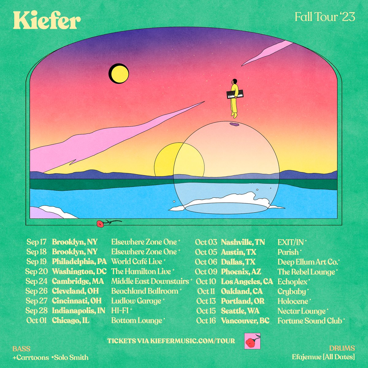 TOUR 🌹 Announcing new 2023 dates!!!

Artist Presale begins at 10am local tomorrow– sign up for the code at kiefermusic.com/tour
Public onsale this Friday at 10am local.

Drums: @efajrmusic
Bass: @_carrtoons_ (Sept) | @thesuavesolo (Oct)

Big announcement next week…#ItsOkBU