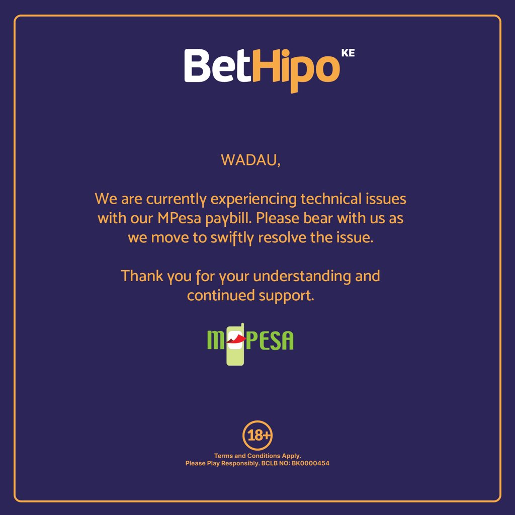BetHipo's tweet photo. Wadau,

We are currently experiencing technical issues with our MPesa paybill. Please bear with us as we move to swiftly resolve the issue. 

Thank you for your understanding and continued support. https://t.co/aUTvd6tCac