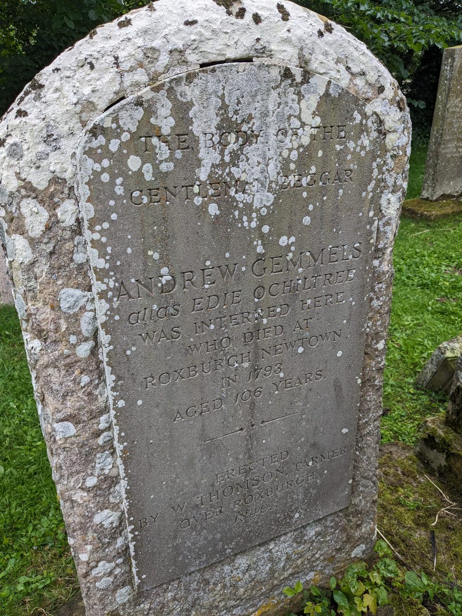ScottishGraves's tweet photo. Day 213 of a year of #RandomScottishGravestones🪦

"The Body of the Gentleman Beggar"

My good friend @SHeraldry sent me this remarkable tombstone to share on #TombTuesday. It commemorates Andrew Gemmels, the inspiration for Scott's 'Edie Ochiltree.'

Roxburgh Kirkyard, Borders. https://t.co/AgCyzVH2or