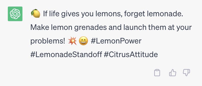 ArtificialJoke's tweet photo. What happens if you ask AI to write a joke about lemons?

Answer: https://t.co/zBiZVw1sEW