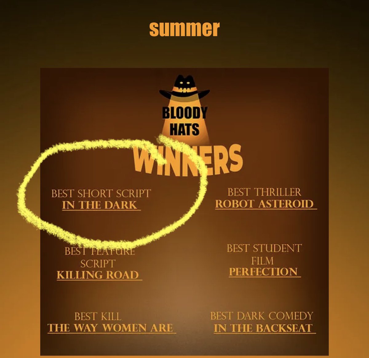 paulwritesgood's tweet photo. So apparently I won Best Short Screenplay!! Let’s go!
#screenwriting #bloodyhatsfilmfestival https://t.co/PNg7DmEEGC