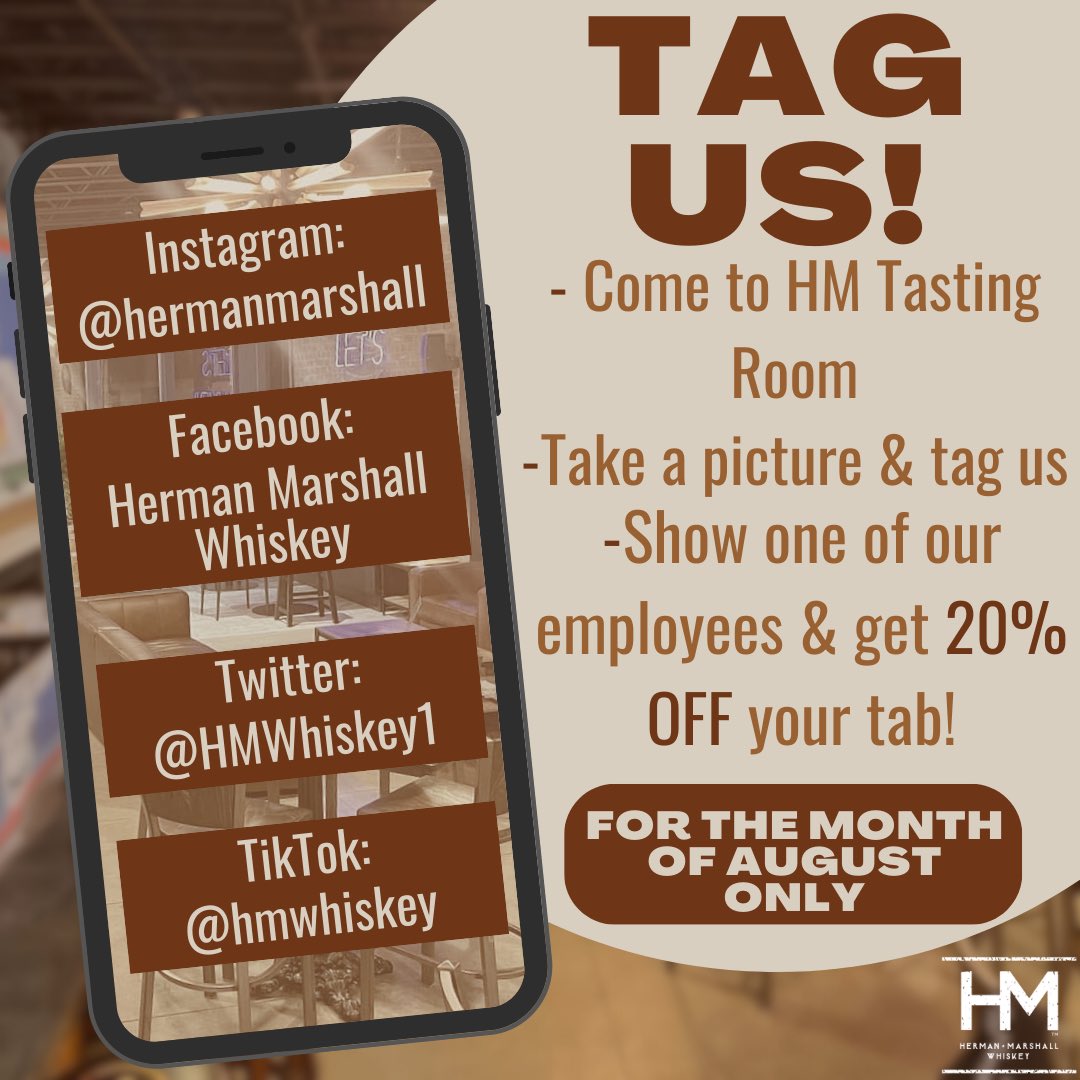 HMWhiskey1's tweet photo. Want 20% OFF your HM tab?? All you have to do is:
•Come to HM tasting room 
•Take a picture &amp; tag us on any of your socials
•Show one of our employees the post &amp; receive 20% OFF your whole tab!🙌🏼🥃

This offer is only valid for the month of August so come on down &amp; to tagging! https://t.co/Wq6RYKNCRo