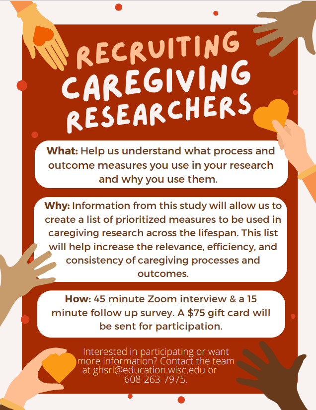Help us spread the word &amp; advance caregiving research today!

We are recruiting caregiving researchers across the lifespan.

We want to hear from YOU about which process and outcome measures should be used in caregiving research &amp; why.
 
#research #caregivers
