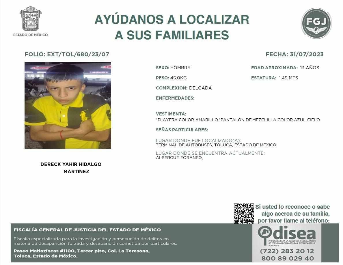 ElInformanteMX's tweet photo. #URGENTE‼ SE BUSCAN FAMILIARES DE MENOR ENCONTRADO EN #Toluca 🚔🆘🚨

DERECK YAHIR HIDALGO MTZ. de 13 años, fue localizado en la #TerminalDeAutobuses de Toluca, #Edomex. Esta resguardado en Centro de Justicia para las mujeres de Paseo Matlazincas No.912, Bo. de San Luis Obispo. https://t.co/SvEgavgZcL