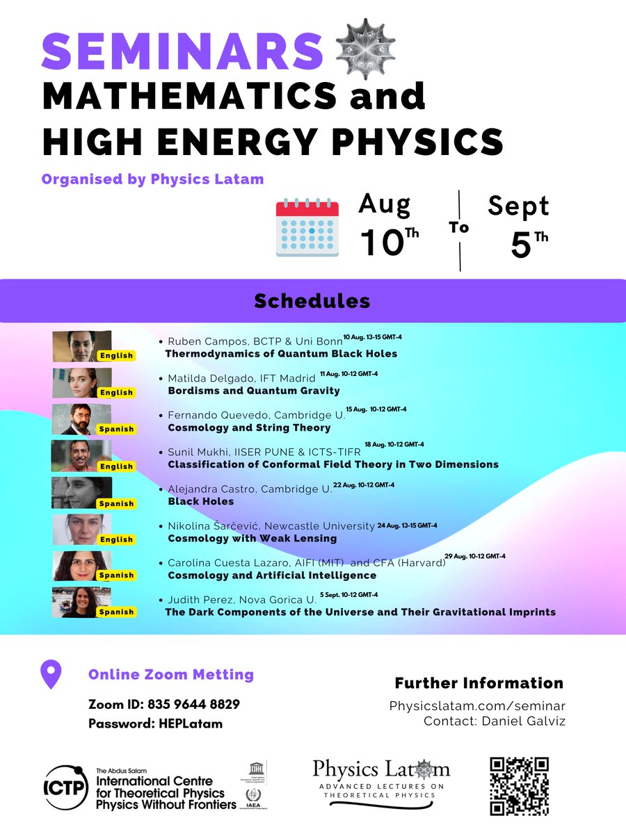 📢 Spread the word📢⚠️ @PhysicsLatam Mathematics and High Energy Physics upcoming seminars: 📅Dates: 10 Aug - 5 Sept. 2023 For more info: PhysicsLatam.com/seminar