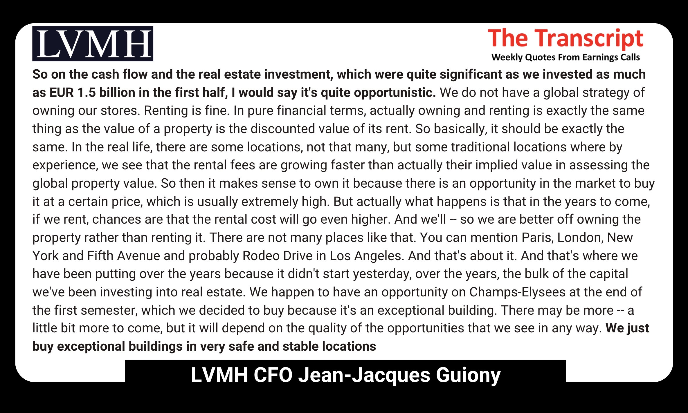 The Transcript on X: $LVMH CFO on investing in real estate: So on the CF  & the real estate investment, which were quite significant as we  invested as much as EUR 1.5