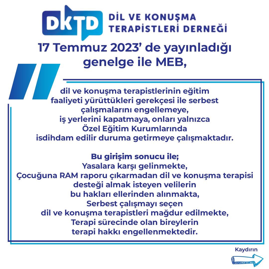 Dil ve Konuşma Terapistleri Mağdur Ediliyor

#DKTlermagdurediliyor
<a href="/tcmeb/">Millî Eğitim Bakanlığı</a> <a href="/saglikbakanligi/">T.C. Sağlık Bakanlığı</a> <a href="/drfahrettinkoca/">Dr. Fahrettin Koca</a> @saglikhizmetgm <a href="/Yusuf__Tekin/">Yusuf Tekin</a>
<a href="/tcbestepe/">T.C. Cumhurbaşkanlığı</a> <a href="/iletisim/">T.C. İletişim Başkanlığı</a> <a href="/DernekDkt/">Dil ve Konuşma Terapistleri Derneği</a>