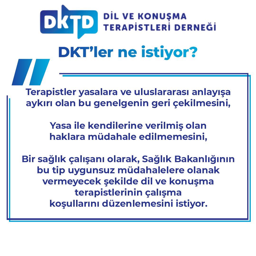Dil ve Konuşma Terapistleri Mağdur Ediliyor

#DKTlermagdurediliyor
<a href="/tcmeb/">Millî Eğitim Bakanlığı</a> <a href="/saglikbakanligi/">T.C. Sağlık Bakanlığı</a> <a href="/drfahrettinkoca/">Dr. Fahrettin Koca</a> @saglikhizmetgm <a href="/Yusuf__Tekin/">Yusuf Tekin</a>
<a href="/tcbestepe/">T.C. Cumhurbaşkanlığı</a> <a href="/iletisim/">T.C. İletişim Başkanlığı</a> <a href="/DernekDkt/">Dil ve Konuşma Terapistleri Derneği</a>