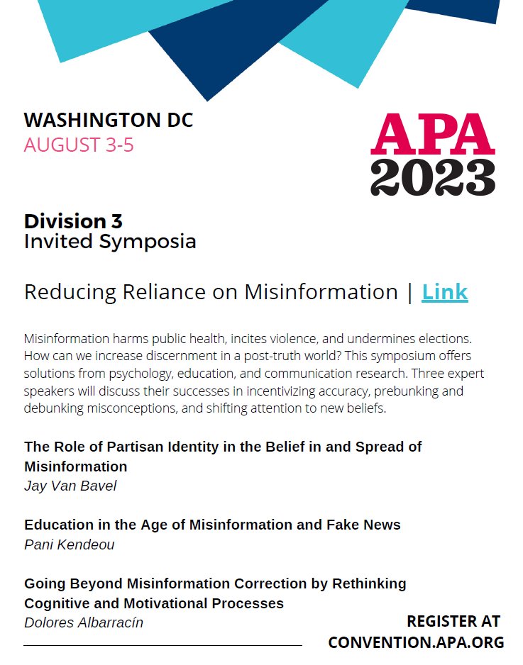 Heading to #APA2023 this week? Stop by this amazing session on Reducing Reliance on Misinformation with @nadiabrashier @jayvanbavel @dalbarra xcdsystem.com/apa/program/pB…