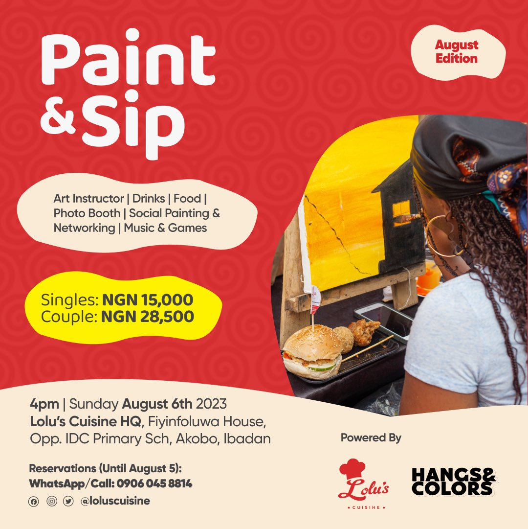 HangsandColors's tweet photo. Reservations are now open for our next Paint N Sip this Sunday, August 6, with @LolusCuisine . Tell a friend to tell a friend, You don’t want to miss it! 🎨🤩

⏰ : 4pm
📍: Fiyinfoluwa House, Opp. IDC Primary Sch, Akobo, Ibadan

.
.
.
#hangsandcolors #loluscuisine #ibadan https://t.co/kileJkZqA8