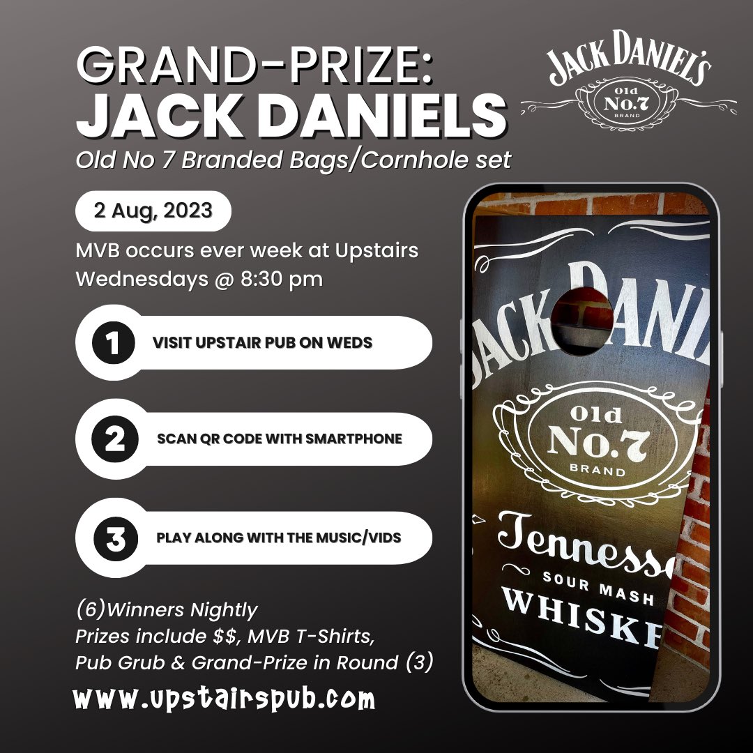 MusicVideoBingo (@musicvideobingo) on Twitter photo This weeks Grand Prize is no joke ... a beautiful <a href="/JackDaniels_US/">Jack Daniel's</a> branded bags/cornhole set is up for grabs !! Round (3) winner takes this home with them 
QR codes open at 7:30, games begin around 8:30
See ya Weds at <a href="/UpstairsPub_IU/">The Upstairs Pub</a> This weeks Grand Prize is no joke ... a beautiful <a href="/JackDaniels_US/">Jack Daniel's</a> branded bags/cornhole set is up for grabs !! Round (3) winner takes this home with them 
QR codes open at 7:30, games begin around 8:30
See ya Weds at <a href="/UpstairsPub_IU/">The Upstairs Pub</a>