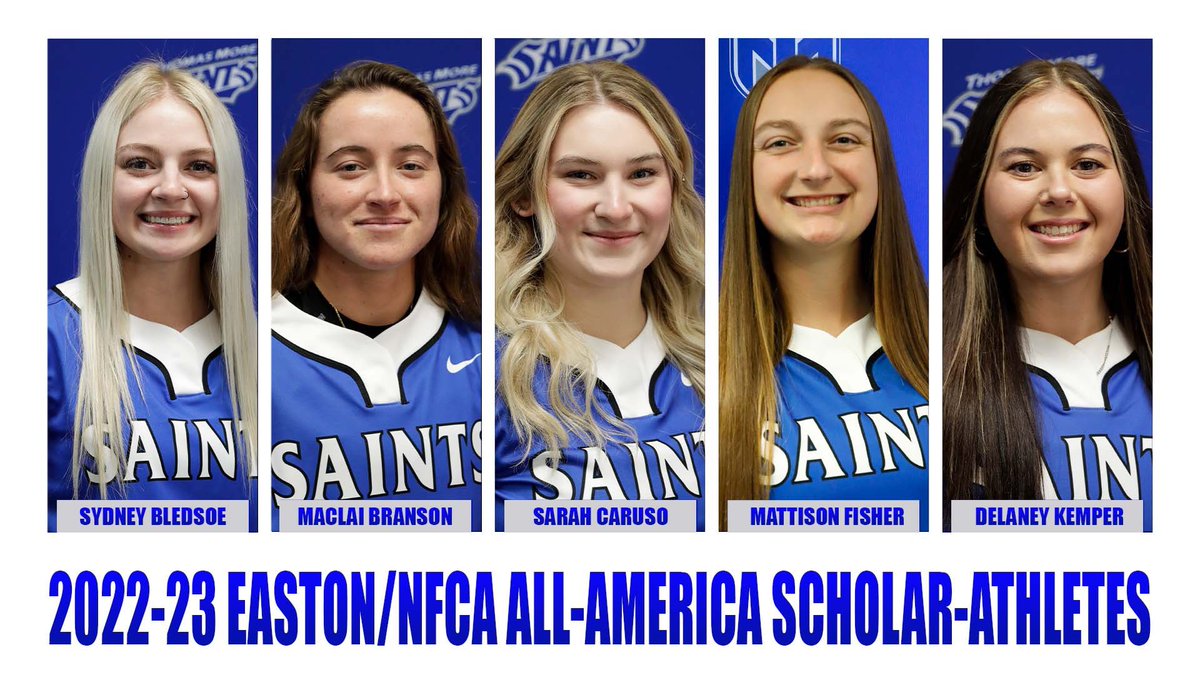Congrats to softball players Sydney Bledsoe, Maclai Branson, Sarah Caruso, Mattison Fisher, &amp; Delaney Kemper for being named 2022-23 Easton/NFCA All-America Scholar-Athletes.

<a href="/TMU_Softball/">Thomas More University Softball</a> 

#LetsGoSaints