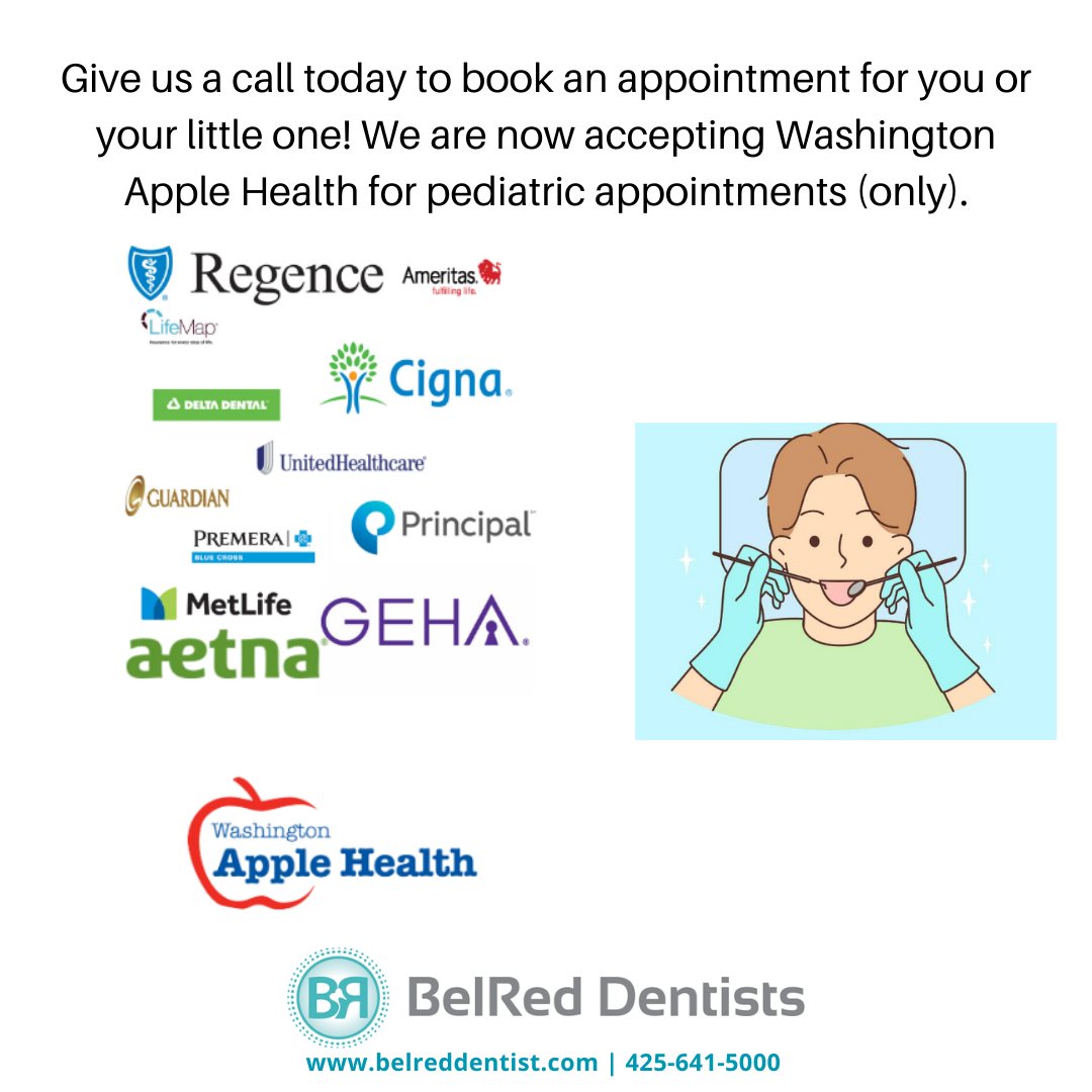 Give us a call today at 425-641-5000 to book your appointment! We are accepting Washington Apple Health for pediatric appointments. Feel free to inquire about our in-house plan if your insurance is not on the list!

#redmondwa #bellevuedentist #dentist #pnw #teeth #dentista