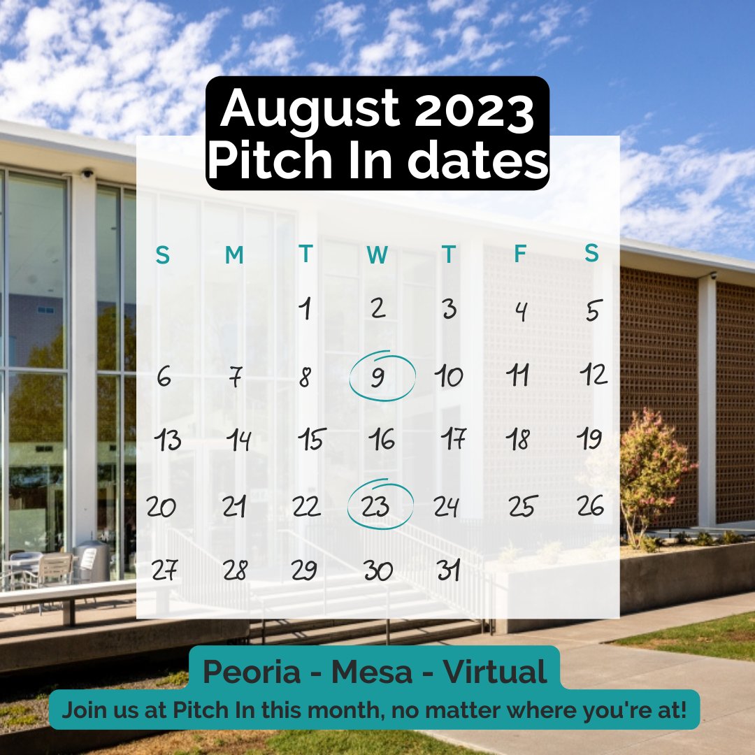 PitchInAZ's tweet photo. Mark 👏🏻 those 👏🏻 calendars! August Pitch In events will be on August 9th and 23rd from 9-10am. Join the community and support local entrepreneurs and innovators in Peoria at 808 Social, in Mesa at Studios @ Mesa City Center, or virtually!
@EntrepreneurASU 
@PeoriaAZ https://t.co/F20JRdvUEu