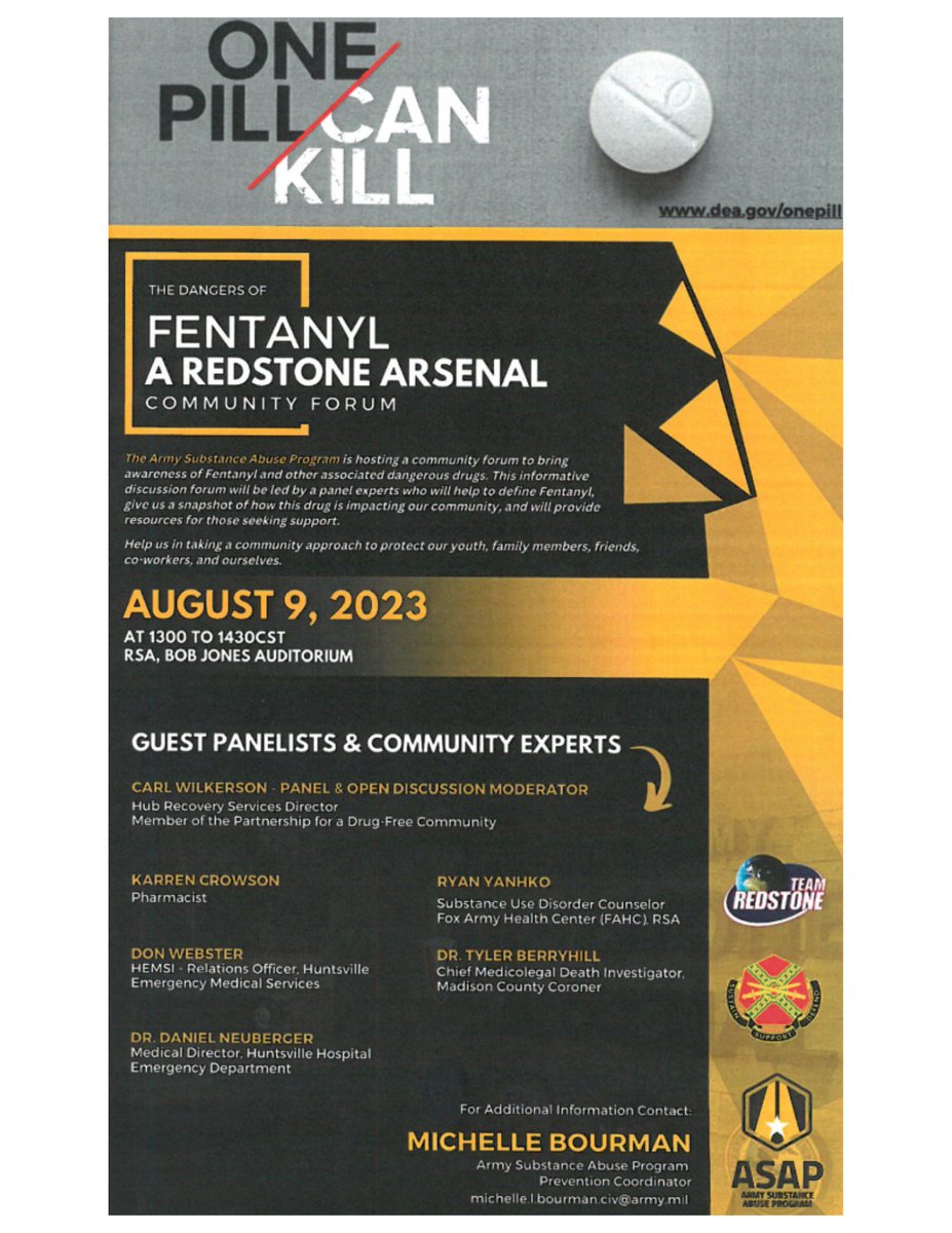 thepdfc's tweet photo. Join The Army Substance Abuse Program and Partnership for a Drug-Free Community for a panel discussion on the dangers of fentanyl in a little less than a week on Aug. 9 from 1-2:30PM at the Bob Jones Auditorium. #thepdfc #OnePillCanKill #fentanyl #paneldiscussion https://t.co/zVvoT56pR5
