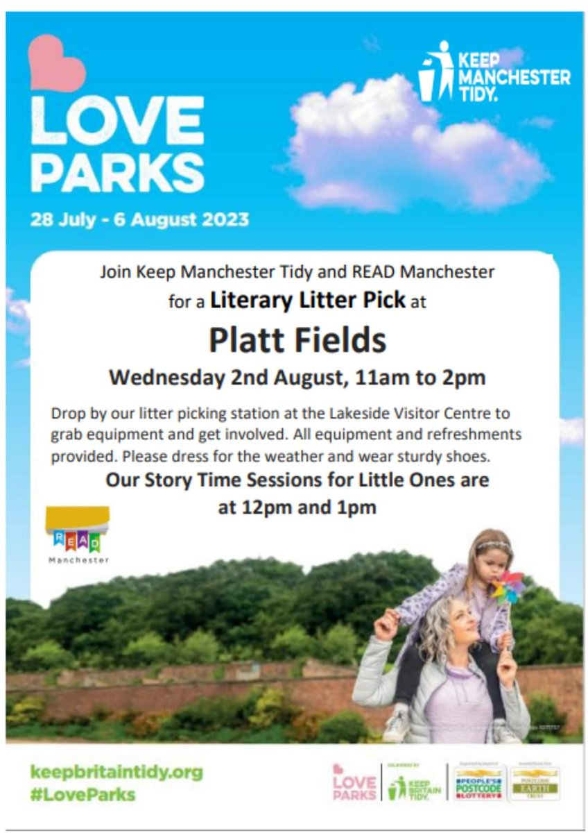 Tomorrow, #ReadMCR will be with @keepmcrtidy1 for a Literary Litter pick  as part of #loveparksweek. Join us for litter picking, free books, crafts and storytelling with @MancLibraries 
Yes, rain again forecast but we have a plan so join us at the Lakeside centre @parks_great