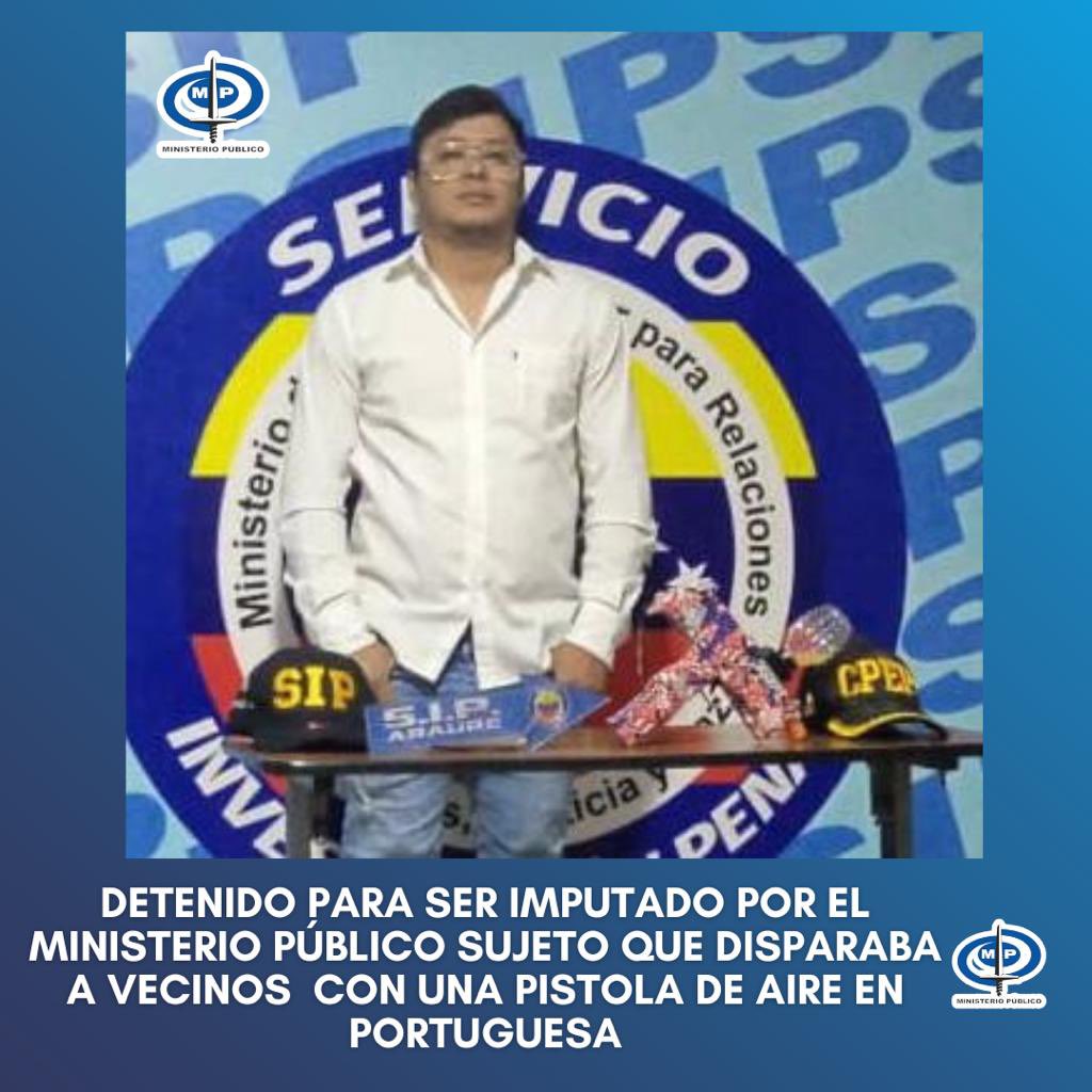 TarekWiliamSaab's tweet photo. #Ahora #MinPublicoVen #Portuguesa  logra la #Aprehensión de Maiker Javier Lopez Camacho: quien haciendo uso de una pistola de aire: disparo por placer desde un vehículo  balas de  material sintético a transeúntes del centro de la ciudad de Acarigua: poniendo en riesgo a la ciudadanía: dicho sujeto será #imputado por el #MP por el delito de Uso de Facsímil previsto y sancionado en la Ley especial respectiva. #MaximaJusticia