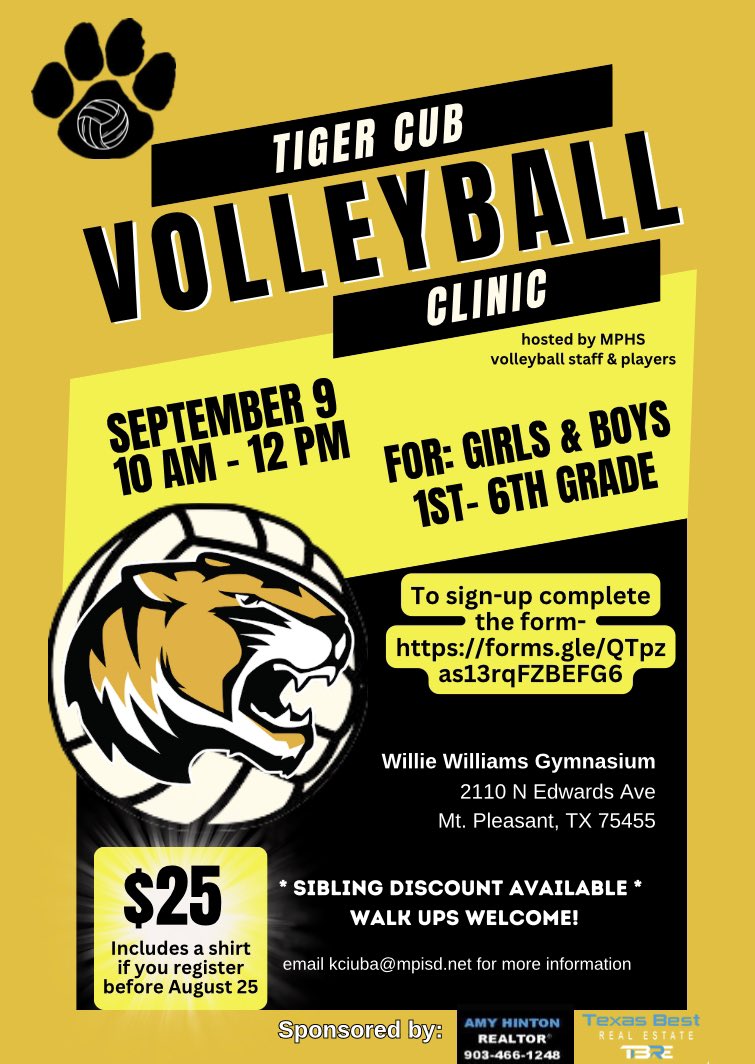 mp_volleyball's tweet photo. Mark your calendars! 📆
Tiger Cub 🏐 Clinic

Register online before Aug 25- https://t.co/SN29g54QtC https://t.co/V0V305mHpC