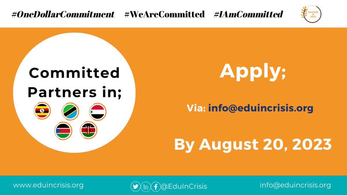 EduInCrisis's tweet photo. #PartnershipOpportunity
#IAmCommitted will be implemented in 5 East African countries by 10 #CommittedPartner organizations.
Only 2 from each country listed will be selected on first come, first serve basis apart from #Kenya where we already have @Pads4Education so remaining 1. https://t.co/ykYBSbkTIM