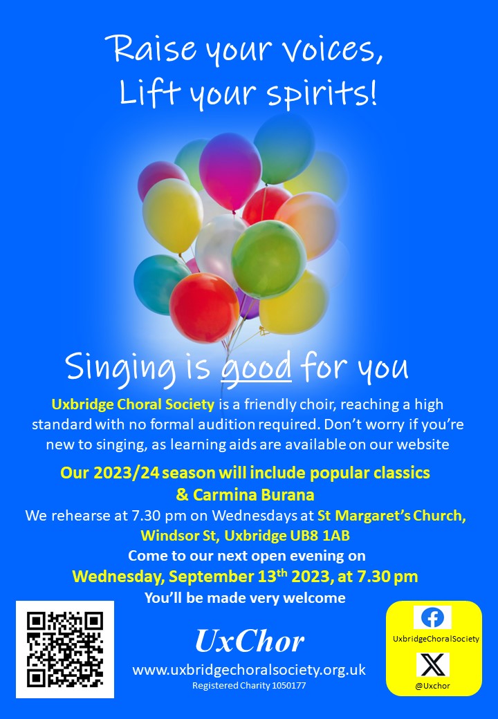 Uxchor's tweet photo. Singing is good for you! How about coming along to Uxbridge Choral Society’s next open evening on Wednesday, September 13th 2023, 7.30 pm at St Margaret's Church, Windsor St, Uxbridge UB8 1AB. We'll be delighted to see you. https://t.co/xJUbIHRjR7