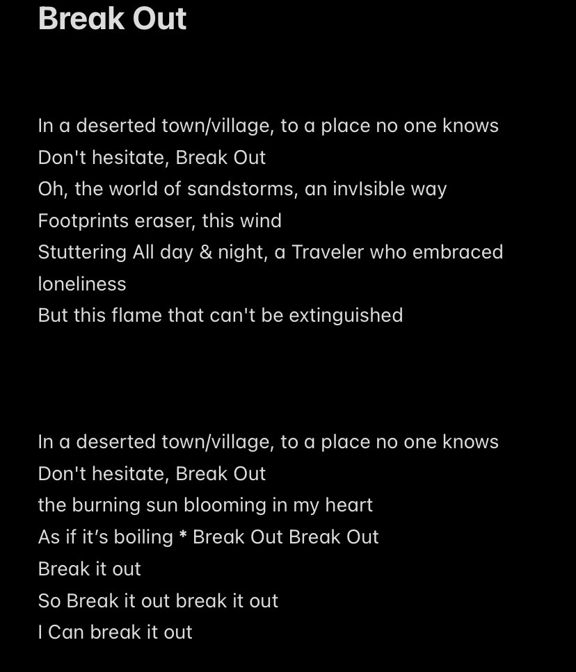 harukjd's tweet photo. A literal translation of ‘Break Out’ lyrics 

(Translated from Japanese to korean by @/Reiniki )

#CHEN_BreakOut #CHEN_ポラリス 
#ポラリス_BreakOut #첸 https://t.co/PXgFCPvFSP
