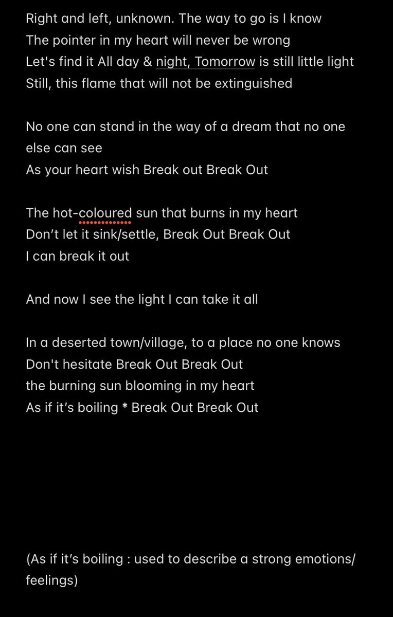 harukjd's tweet photo. A literal translation of ‘Break Out’ lyrics 

(Translated from Japanese to korean by @/Reiniki )

#CHEN_BreakOut #CHEN_ポラリス 
#ポラリス_BreakOut #첸 https://t.co/PXgFCPvFSP
