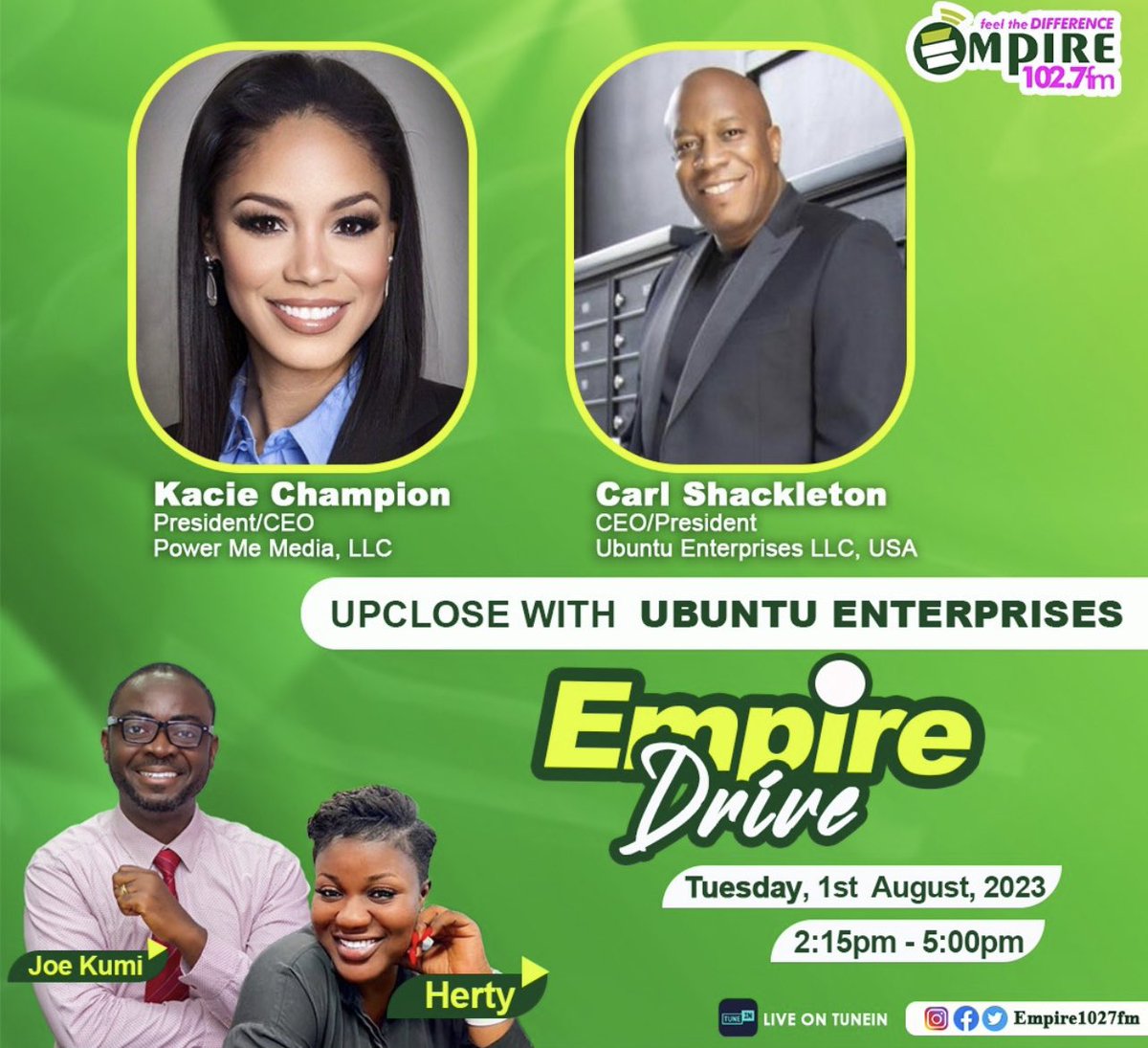 PowerMeMedia's tweet photo. Thanks Empire 102fm for having us on your show today to discuss our new partnership with Empire Entertainment &amp; EIB Network in Ghana 🇬🇭. Looking forward to our next chapter. 
.
.
#EIBNetwork
#PowerMeMedia #Advertising #Marketing #Branding #Promotions #mediabuyers https://t.co/KLratzF8Gn