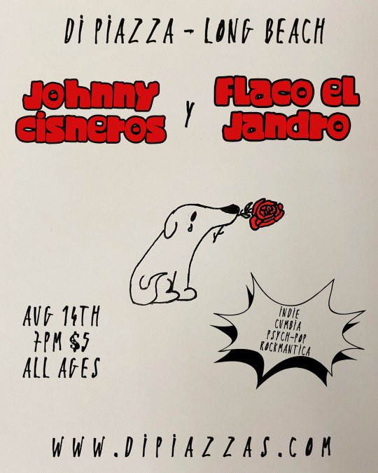 Dipiazzas's tweet photo. 🔥 Monday, August 14th • 7pm 🔥

Johnny Cisneros y Flaco El Jandro

Indie, Cumbia, Psych-Pop, Rockmantica
$5 • All Ages

Tickets at https://t.co/pz415Tpn98

@johnnycisneross @FlacoElJandro https://t.co/slw6mahqet