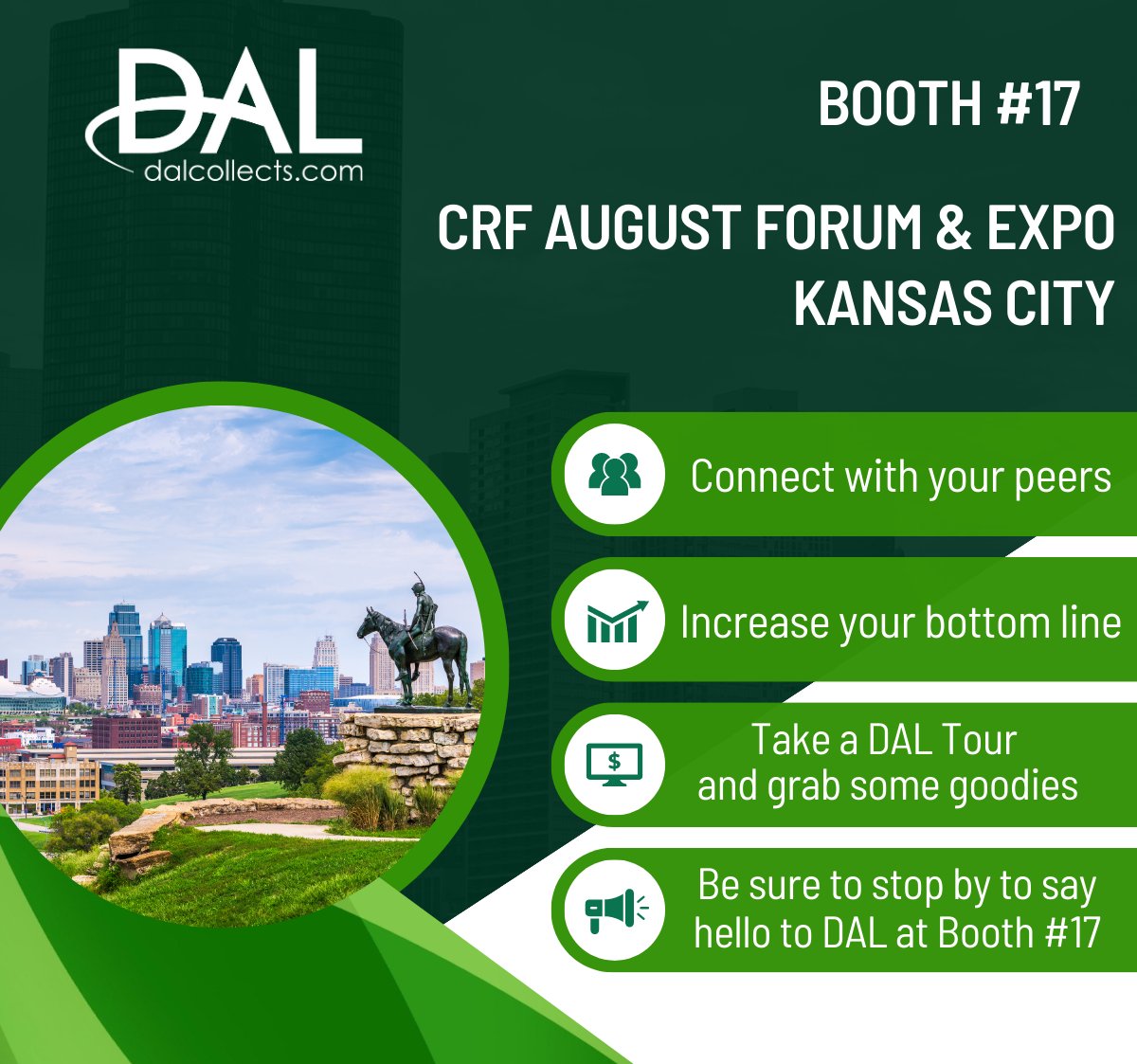 dalcollects's tweet photo. DAL will be exhibiting at the August CRF Forum in Kansas City. Be sure to stop by the DAL Booth #17 to say hello and grab some goodies!

#crf #accountsreceivable #riskmanagement #revenuecyclemanagement #creditriskmanagement #networking #ordertocash https://t.co/BWzZIitXv7