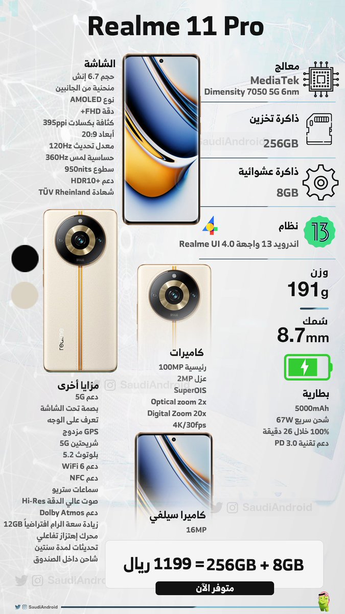 SaudiAndroid's tweet photo. رسمياً: أطلقت شركة ريلمي سلسلة هواتف " ريلمي 11 برو " في السوق السعودي وإليكم المواصفات الكاملة.✅

📱 مواصفات &amp; مميزات realme 11 Pro.
📱 مواصفات &amp; مميزات +realme 11 Pro.

عجبتكم الاجهزة؟ 

#realme #realmeSaudi #realme11ProSeries https://t.co/oYFxRsZW7h