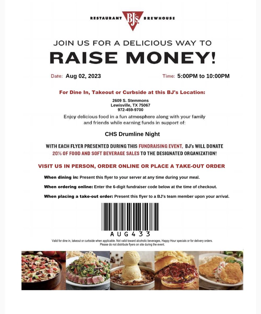 Raising funds to get the CHS Drumline to Dripping Springs!

Join us Wednesday, August 2nd from 5-10 pm at BJ’s Restaurant &amp; Brewhouse (Lewisville) for Coppell High School Drumline’s next Fundraiser event! The attached flyer must be shown to give credit back to our organization!