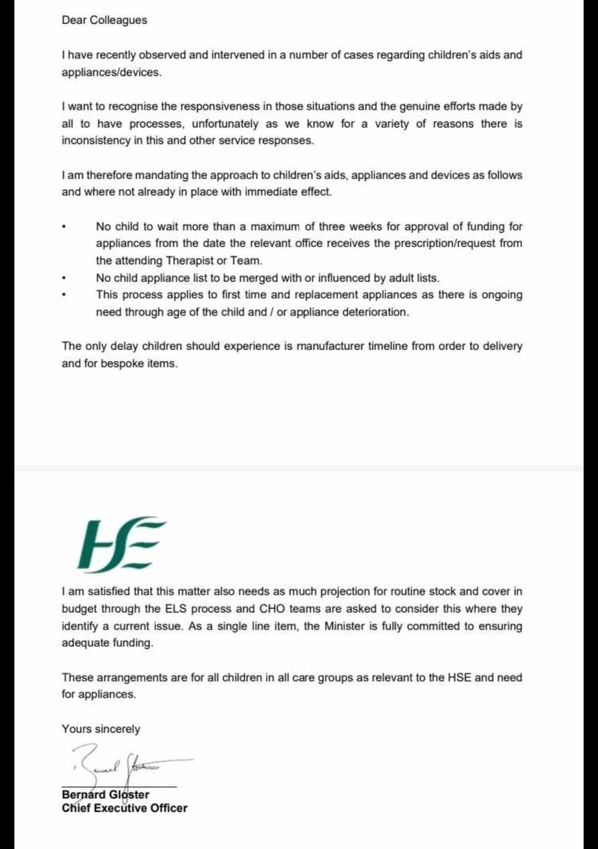We welcome the circulation of this memo shared with us by a kind source from CEO of the HSE. Delays in the provision of aids and equipment are an indefensible and inhumane experience suffered by many children and adults across Ireland. Please RT