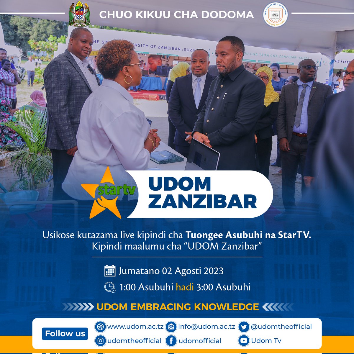 udomtheofficial's tweet photo. Usikose kutazama live kipindi cha Tuongee Asubuhi na StarTV. Kipindi maalumu cha โUDOM Zanzibarโ Jumatano 02 Agosti 2023, kuanzia saa moja na nusu Asubuhi mpaka saa tatu kamili Asubuhi
#udomzanzibar
#udomembracingknowledge https://t.co/LMDxuiR0Rk