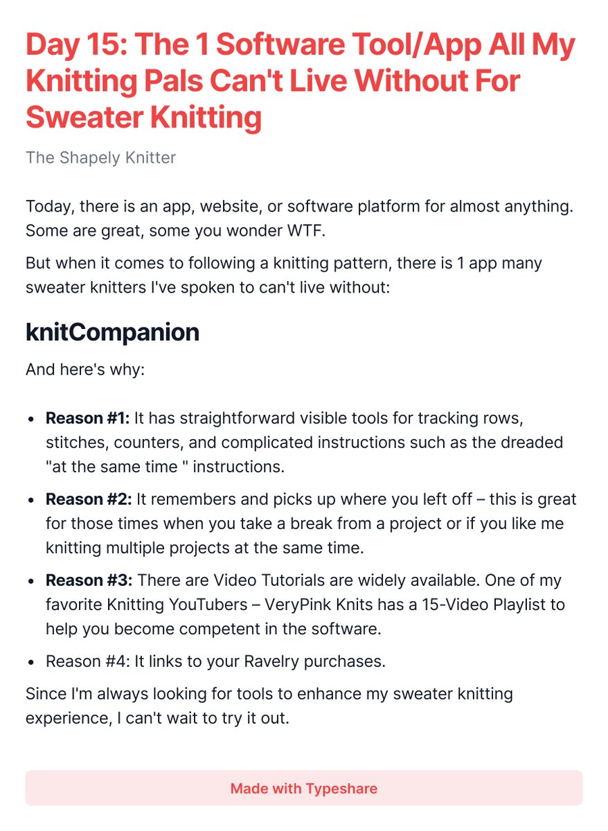 shapelyknitter's tweet image. #ship30for30 #knitCompanion #verypink

Day 15: The 1 Software Tool/App All My Knitting Pals Can't Live Without For Sweater Knitting