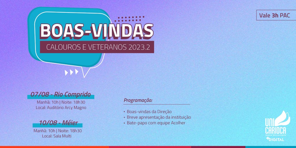 É com muita alegria e entusiasmo que damos início a mais um semestre letivo repleto de oportunidades e aprendizados incríveis! 

Prepare-se para iniciar com chave de ouro a Semana de Boas-vindas que preparamos para nossos veteranos e calouros!

Te esperamos!