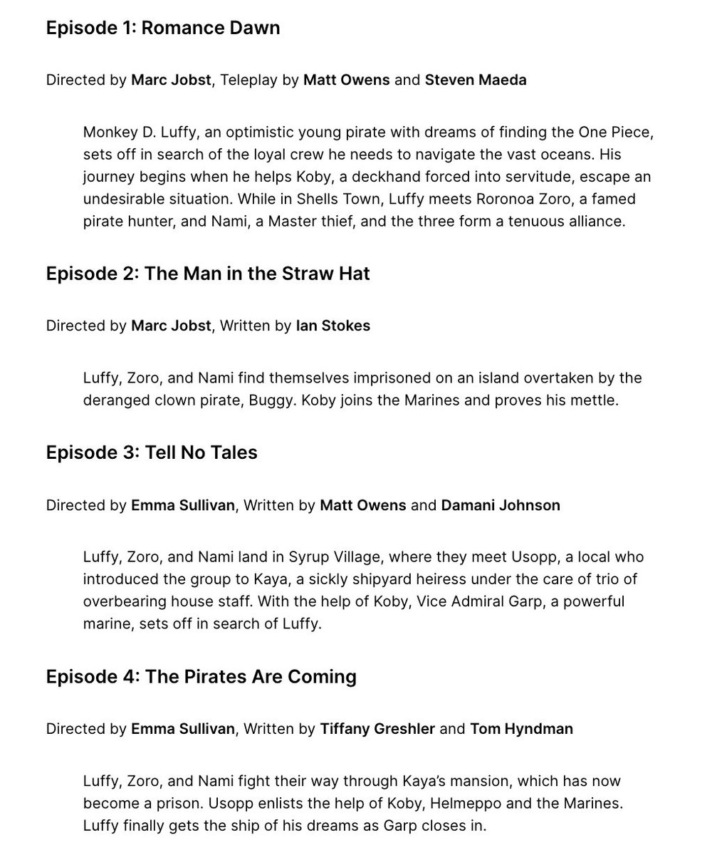 newworldartur's tweet photo. Episode titles and summaries for the One Piece Live Action (via @MultiverseMurph) https://t.co/EDdSoyMXnG