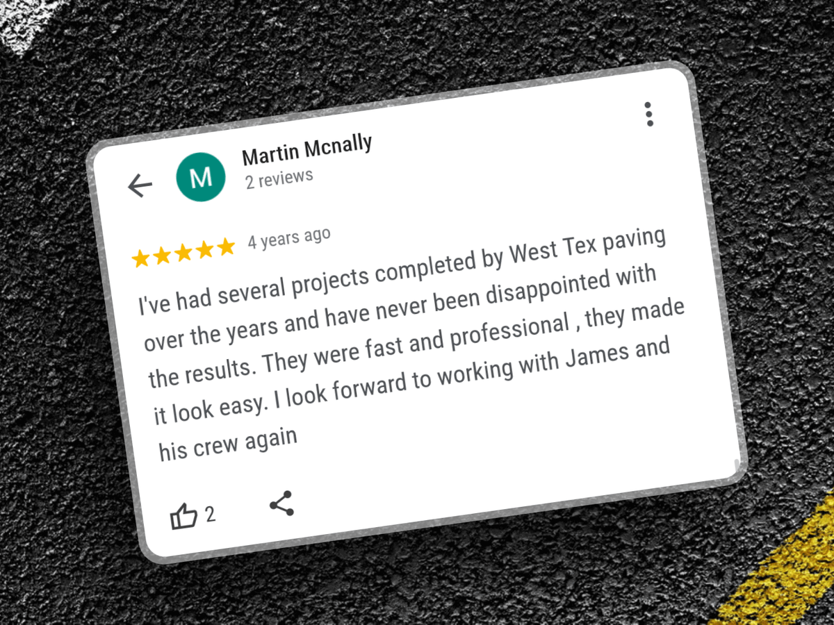 westtexpaving's tweet photo. 👍 Thumbs up from our valued customers! 👍

We're beaming with pride after receiving another glowing review for our asphalt paving work. Thank you for trusting us with your projects! 🚧 Ready for a smooth ride? Contact us for a quote! 🛣️ #AsphaltPaving #OdessaTX #HappyCustomers https://t.co/ISlT1MZLyJ