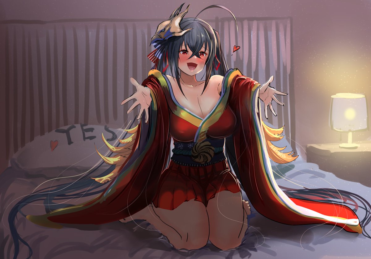 HungryCarrier's tweet photo. "Come here! Come here!!

Give Taihou a big tight hug~!

You can use her boobs as pillows~!"

The Phoenix is blushing with passion and arousal, giggling as she waits for the reader to join her

#VoreRP #Vore https://t.co/5xIuW2YNOg
