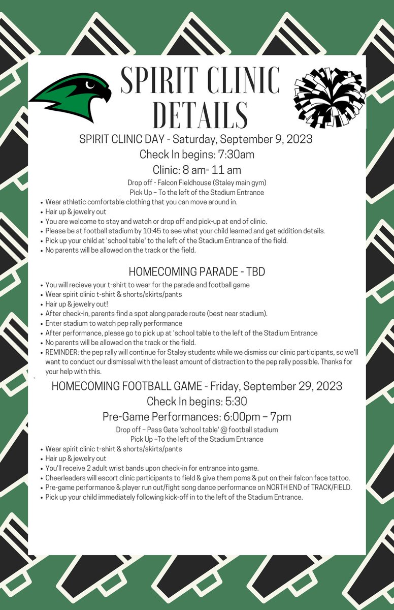 Here are all the details for our upcoming Kiddie Clinic..
We’re so excited for another year of bringing your little ones into the cheer world! Please share and look out for your Staley Cheerleaders at your students back to school night! docs.google.com/forms/d/1_1eKX…
