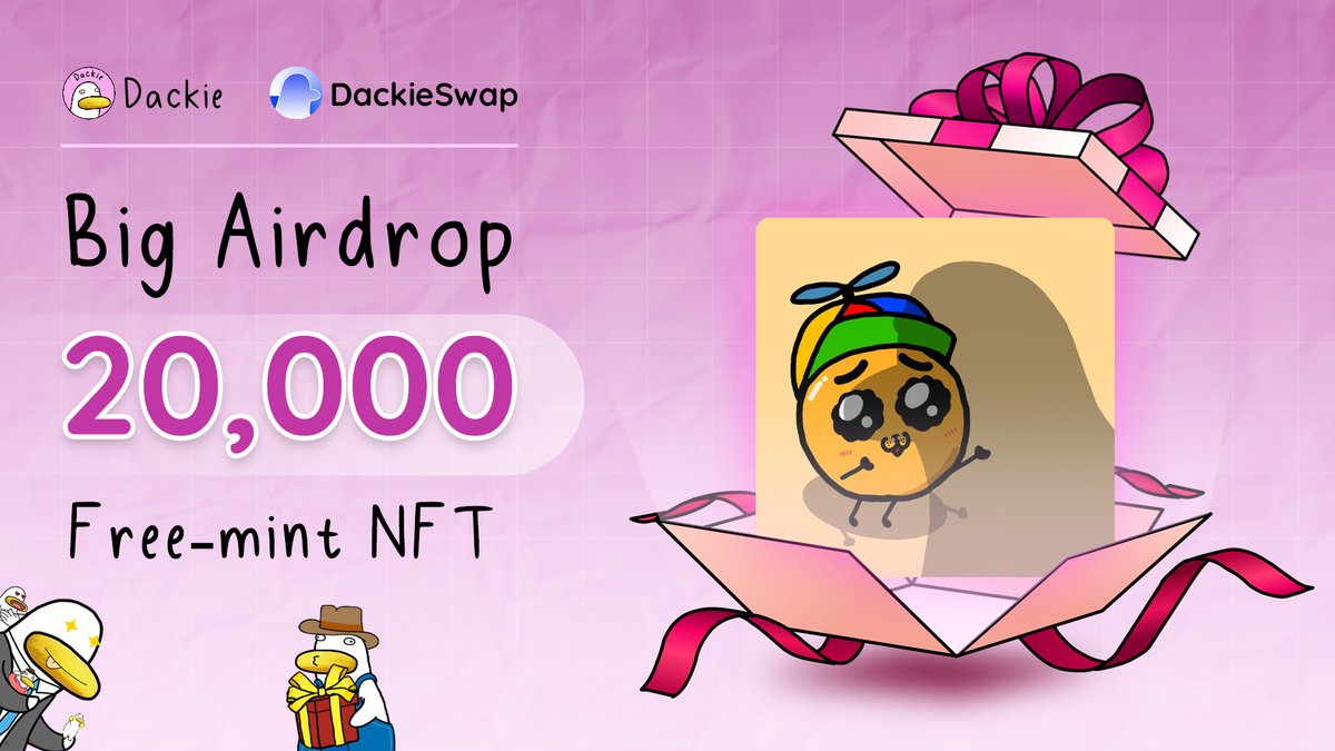 🚨🚨🚨Big #Airdrop on @BuildOnBase 🦆20,000 Free-mint NFT🦆 🔵To enter: 1. Follow: @Dackie_Official & @DackieSwap 2. Like/RT this tweet to spread Base 3. Submit ERC-20 wallet: tally.so/r/nraoPp * Winners will be announced on Aug 10.