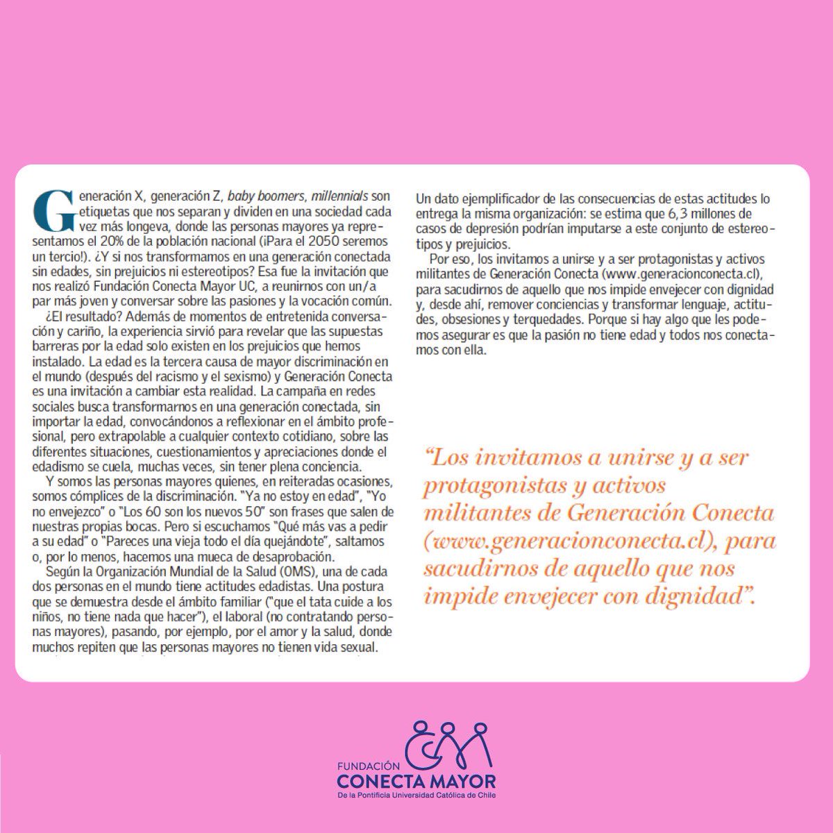 ConectaMayor's tweet photo. Los protagonistas mayores de la campaña #GeneracionConecta reflexionaron sobre la invitación que les hicimos a participar en este proyecto en una columna en Mundo Mayor, la revista que creamos en conjunto con El Mercurio.
¡Puedes leerla en https://t.co/rPdIeIU3Zn! https://t.co/sLOyNG3ThE