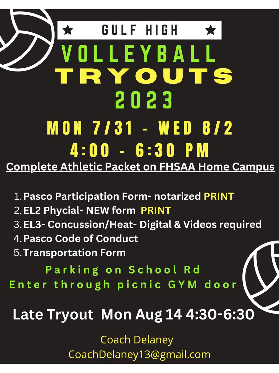 Two more opportunities to tryout! 
Tomorrow Wed. Aug 2 4:00-6:30 or Monday Aug 14 4:30-6:30. 

<a href="/buonsanto_bruno/">Bruno Buonsanto</a> <a href="/MsMazGHS/">Amy Maz</a> <a href="/gulfhighschool/">Gulf High School</a>