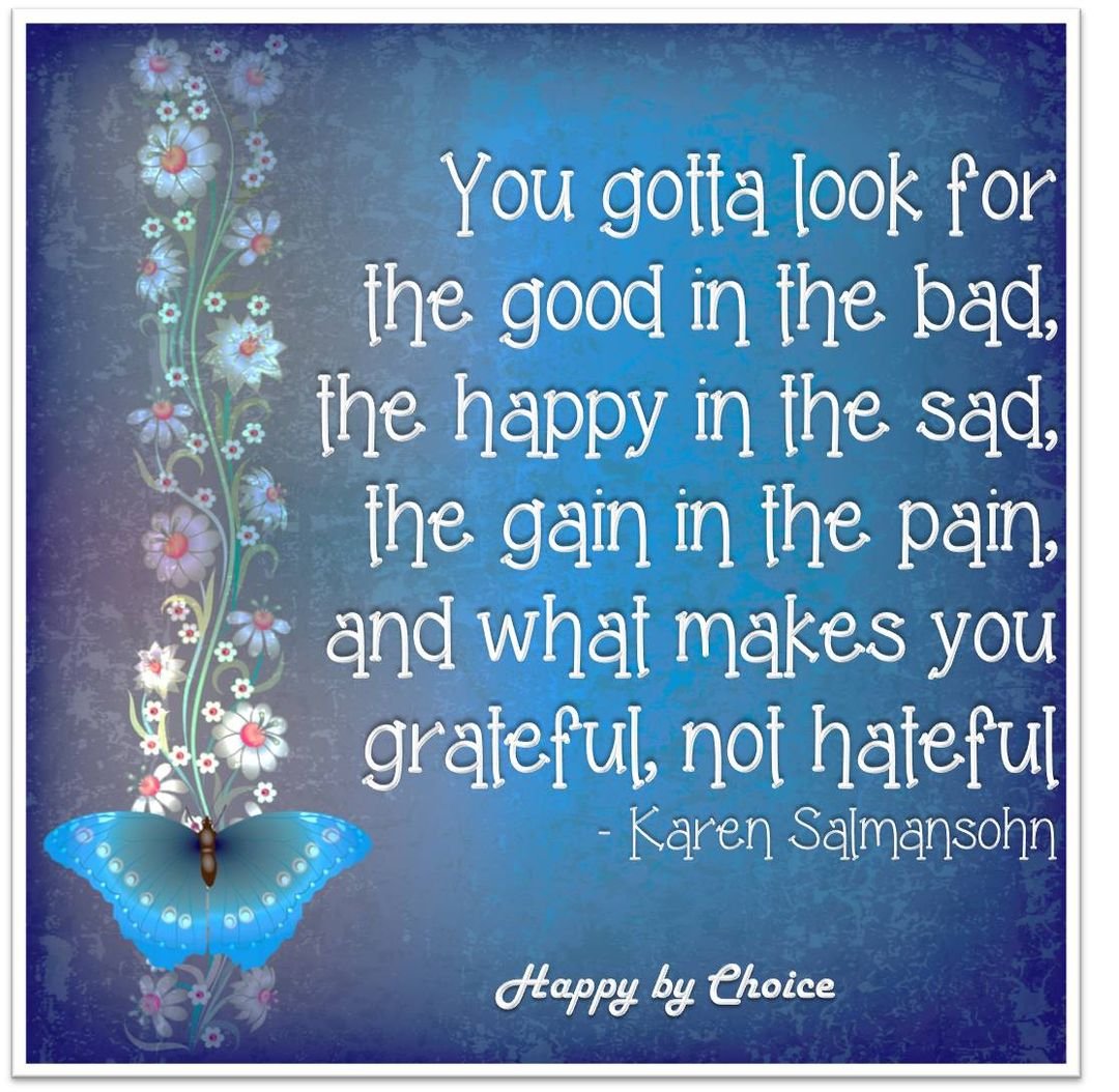 DebFoxFinancial's tweet image. "You gotta look for the good in the bad, the happy in the sad, the gain in the pain, and what makes you grateful, not hateful." -Karen Salmansohn   #quotes #DecisionsDecisions