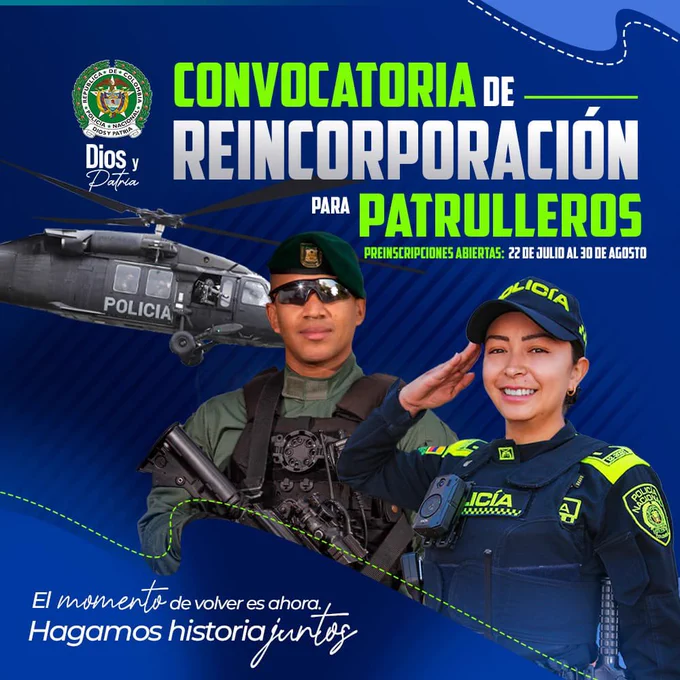 SucrePolicia's tweet photo. ¡El momento de volver es ahora, hagamos historia juntos!   Preinscríbete a la convocatoria de reincorporación para patrulleros aquí: https://t.co/GBbjZIdO6S #ÚneteViveConstruye #DiosYPatria https://t.co/x2TfChHzft