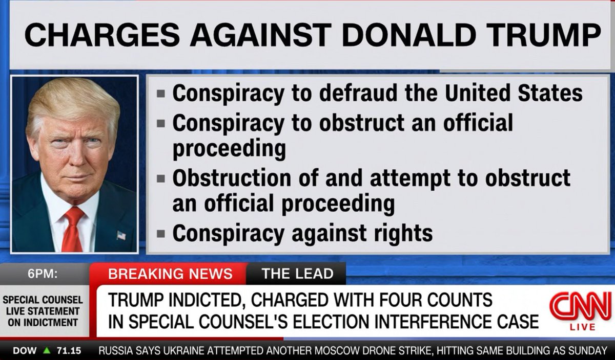 ChkUOut's tweet image. August 1, 2023
INDICTMENT #3 of a former U.S. President.  It's another good day for the 'rule of law' in America.  NOT a good day for DJT &amp;amp; ALL  6 (six) co-conspirators.
The 🌎 is watching 👀.
COMING UP NEXT:  Trump to be arraigned Thursday in Election Probe.