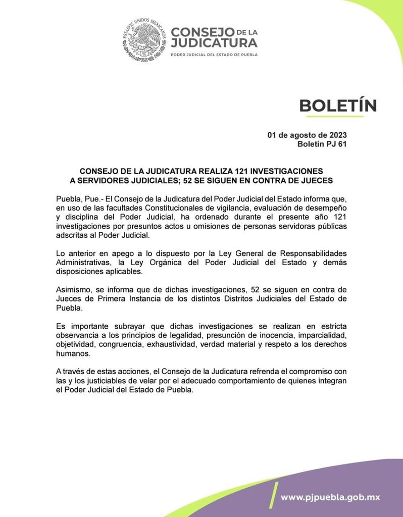 JudicaturaPue's tweet photo. #Entérate | @JudicaturaPue realiza 121 investigaciones a servidores judiciales; 52 se siguen en contra de jueces. https://t.co/vvmoW9UpP8