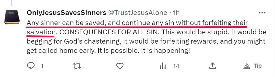 RisingDisciples's tweet photo. According to @TrustJesusAlone, a hyper-grace "teacher," a serial killer could "believe in Jesus," then continue on in his murderous rampage, with no concern about "forfeiting his salvation."

He may be "chastened" though [which he will probably enjoy 😆] or even be called home early.

RUN from these hyper-grace heretics! They WILL shipwreck your faith in the one who provides for FORGIVENESS of sins & DELIVERANCE from the dominion of sin.