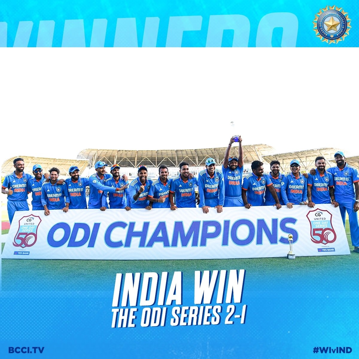 BCCI's tweet photo. 𝗪𝗶𝗻𝗻𝗲𝗿𝘀 𝗔𝗿𝗲 𝗚𝗿𝗶𝗻𝗻𝗲𝗿𝘀! ☺️

Congratulations #TeamIndia on winning the ODI series 🙌 🙌

#WIvIND https://t.co/NHRD8k5AGe
